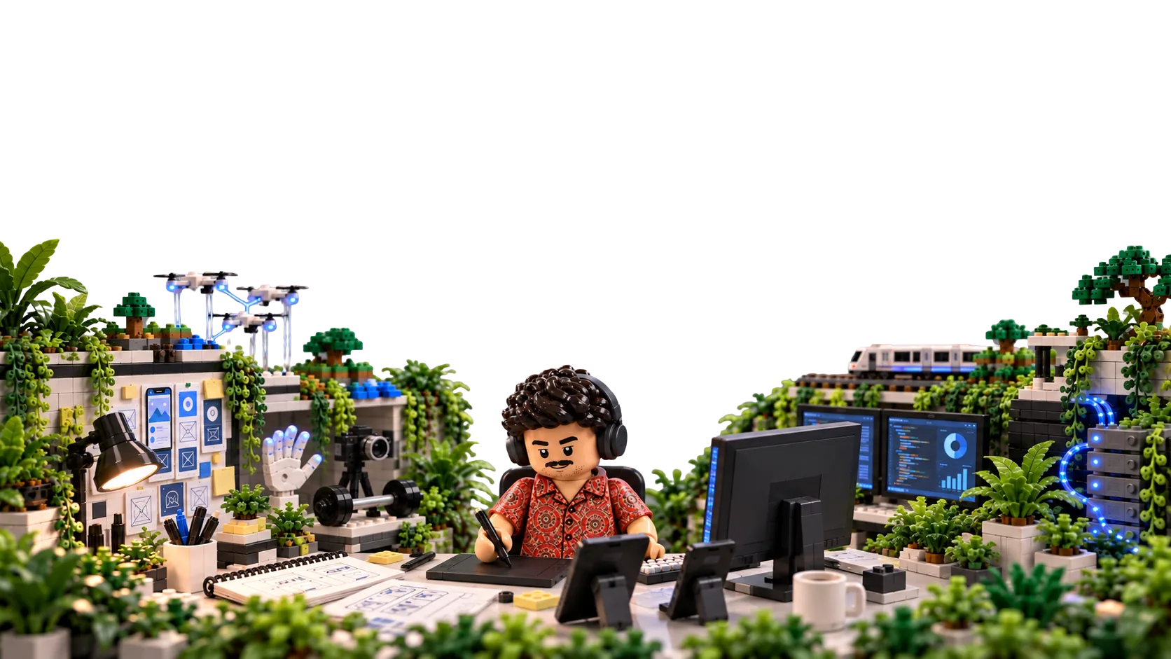 Bagus as a toy figure in headphones, sketching on a drawing tablet in a brick-built studio overgrown with plants: design sketches and UI boards on one side, code screens, devices and servers on the other, and small models of past projects around him, including a drone swarm, a train, a gym camera, a gesture-tracking hand and a game-world island.